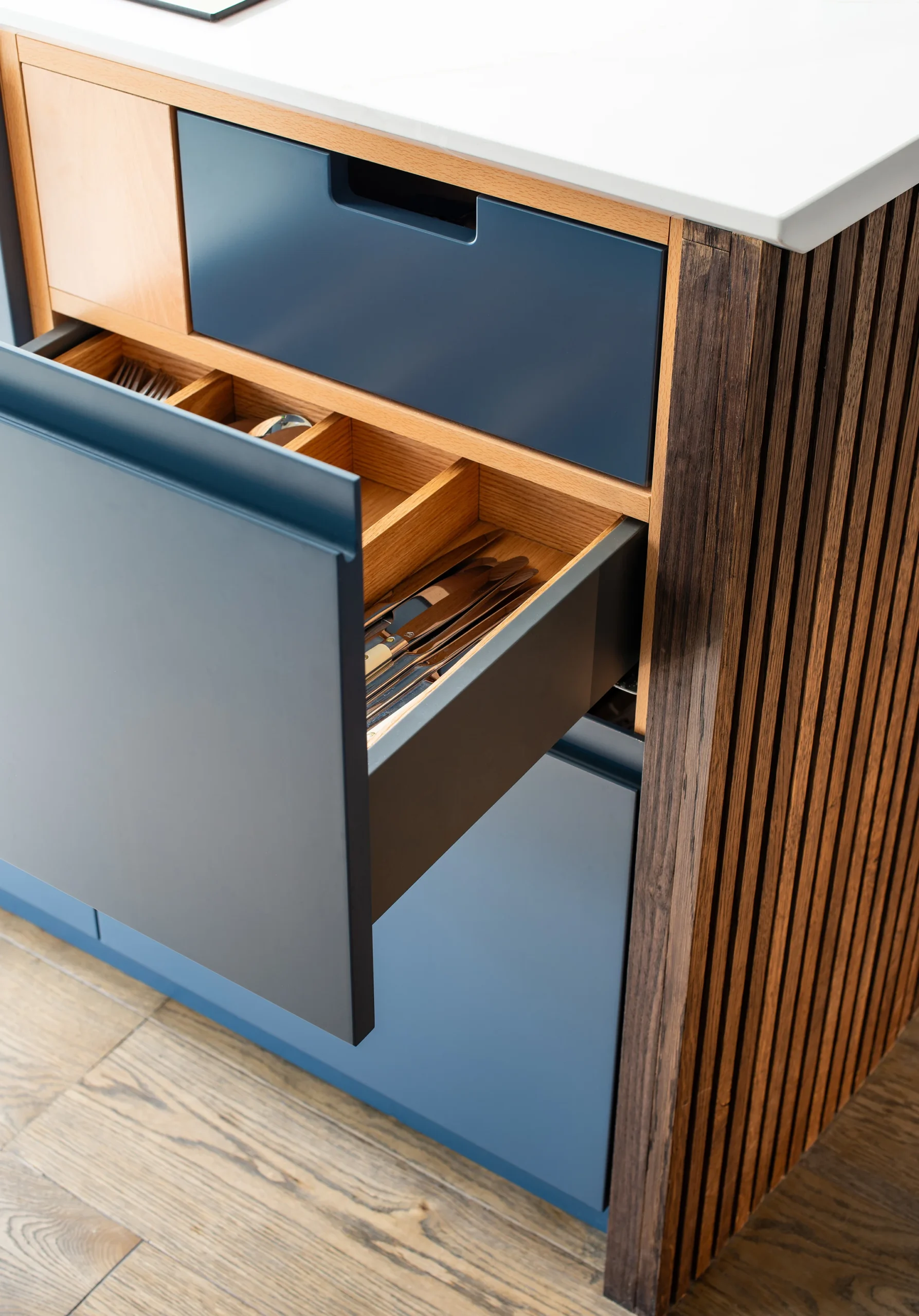 Hafer-Rd_2160px_7 Handmade oak cutlery drawer with internal dividers inside a navy kitchen unit