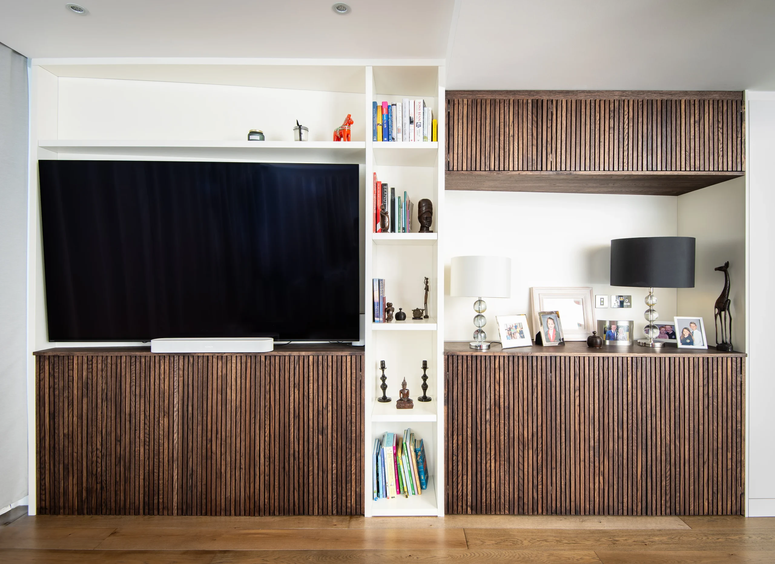 Hafer-Rd_3840px_9 Bespoke media wall with oak-slatted cabinetry, open shelving and fitted bookcase